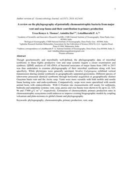 A Review on the Phylogeography of Potentially Chemoautotrophic Bacteria from Major Vent and Seep Fauna and Their Contribution to Primary Production Tresa Remya A
