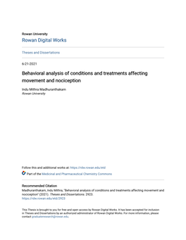 Behavioral Analysis of Conditions and Treatments Affecting Movement and Nociception