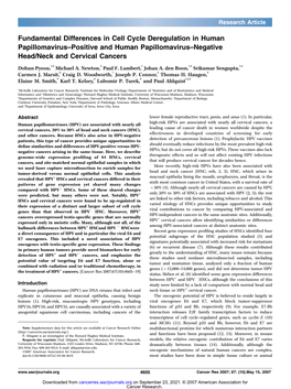 Fundamental Differences in Cell Cycle Deregulation in Human Papillomavirus–Positive and Human Papillomavirus–Negative Head/Neck and Cervical Cancers