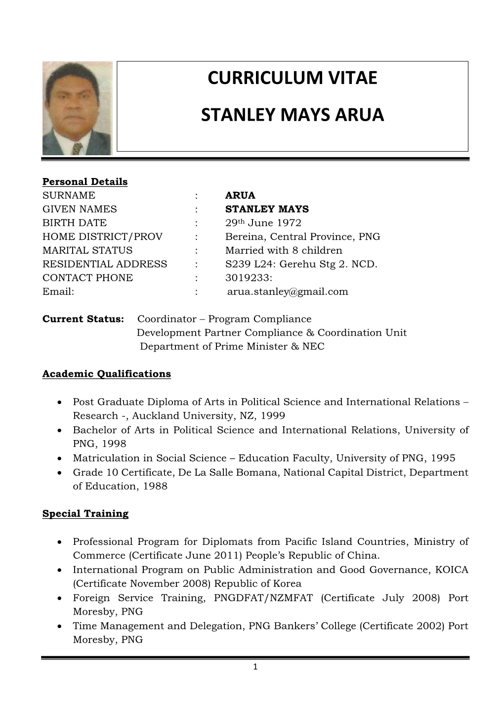 Curriculum Vitae Stanley Mays Arua