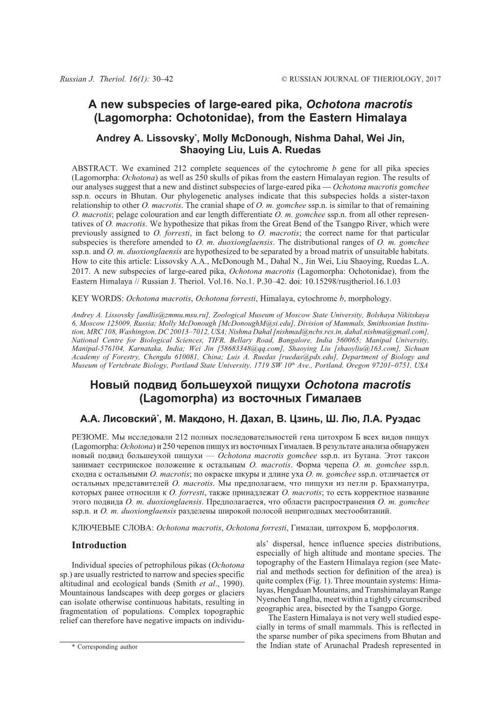 A New Subspecies of Large-Eared Pika, Ochotona Macrotis (Lagomorpha: Ochotonidae), from the Eastern Himalaya Andrey A