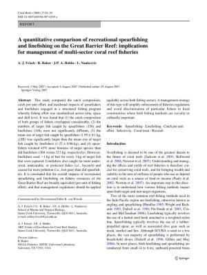 A Quantitative Comparison of Recreational Spearwshing and Linewshing on the Great Barrier Reef: Implications for Management of Multi-Sector Coral Reef Wsheries