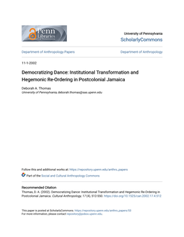 Democratizing Dance: Institutional Transformation and Hegemonic Re-Ordering in Postcolonial Jamaica