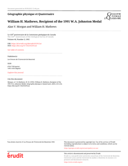 William H. Mathews, Recipient of the 1991 W.A. Johnston Medal Alan V