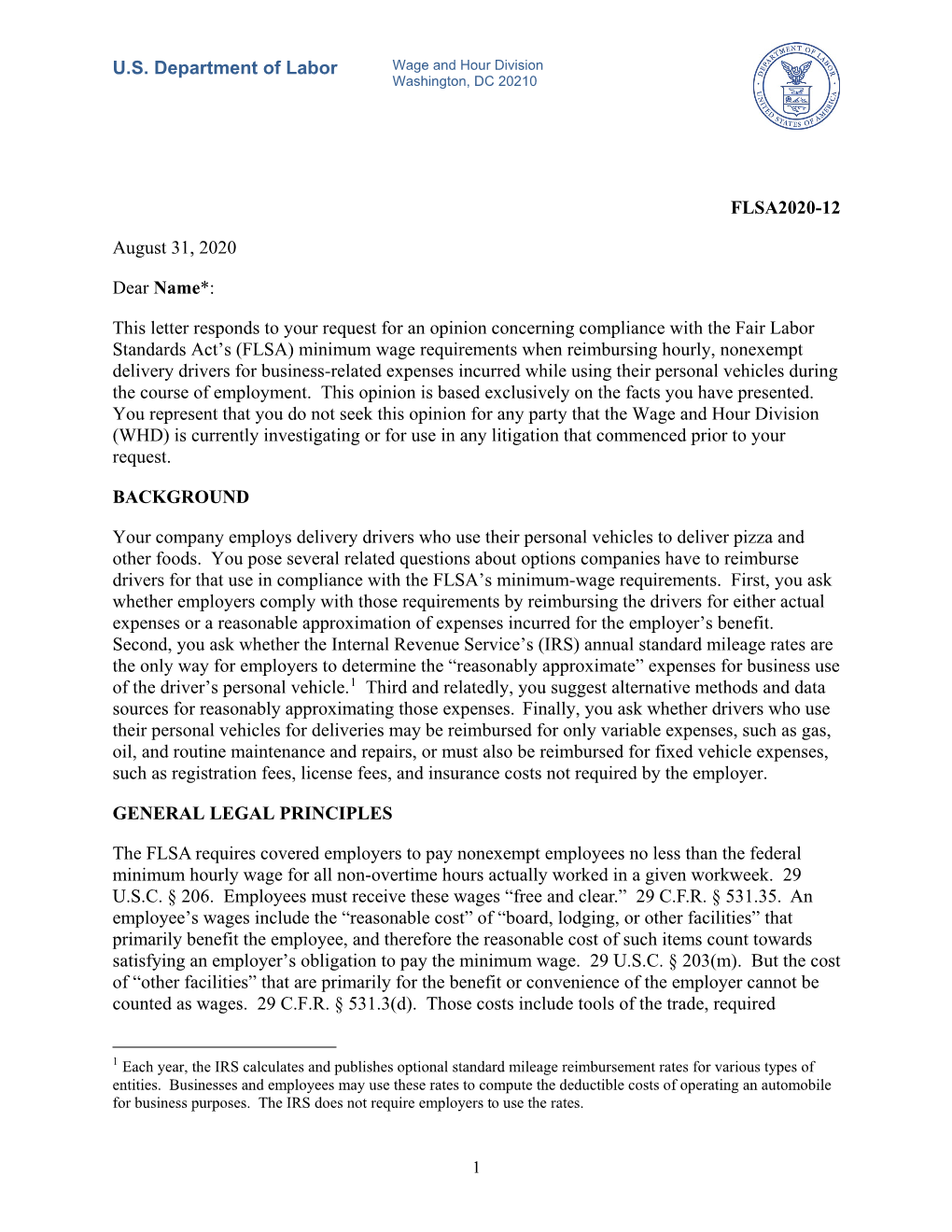 Opinion Letter FLSA 2020-12