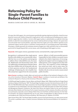 Reforming Policy for Single-Parent Families to Reduce Child Poverty