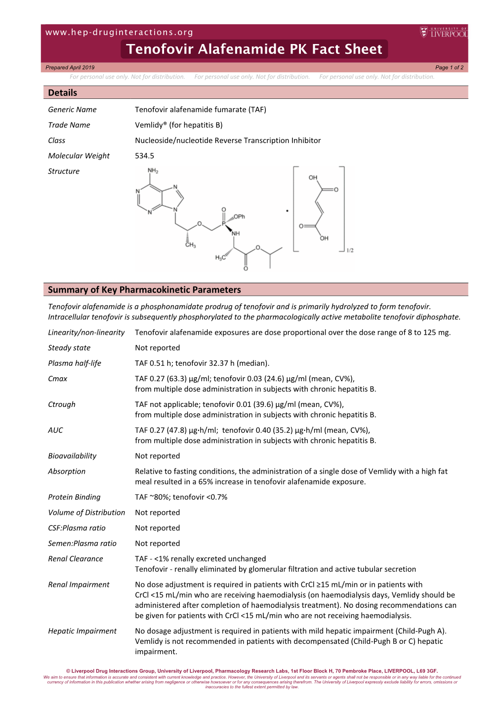 Tenofovir Alafenamide PK Fact Sheet Prepared April 2019 Page 1 of 2 for Personal Use Only