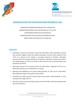 Earnings Release for the Quarter Ended December 31, 2011