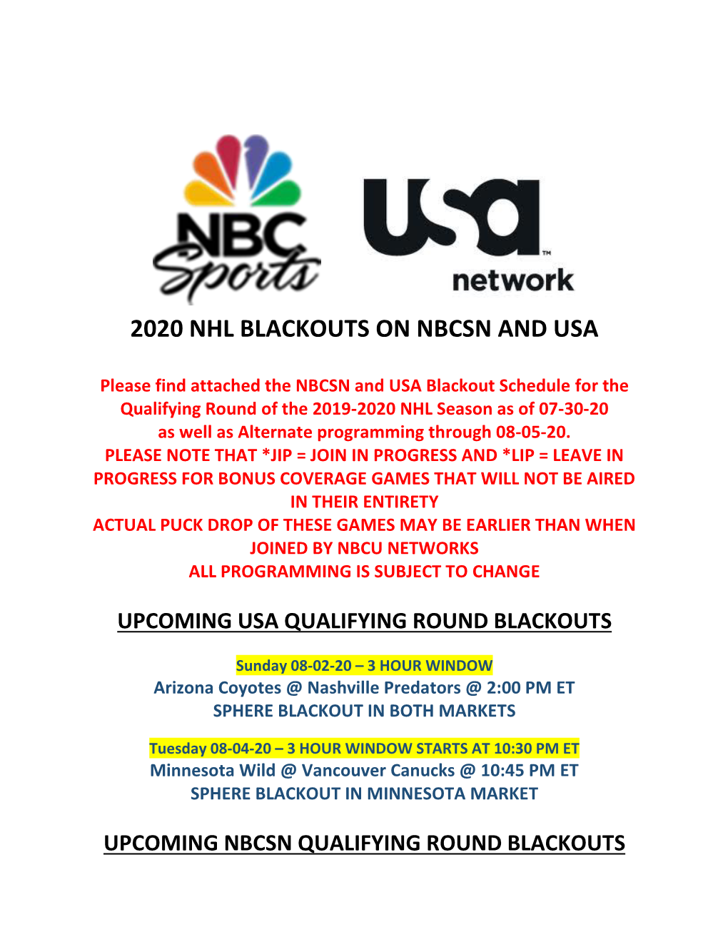2020 Nhl Blackouts on Nbcsn and Usa