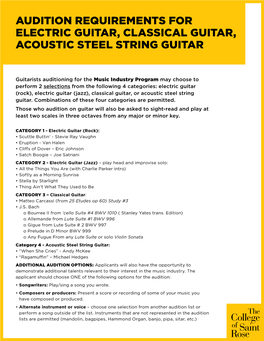 Audition Requirements for Electric Guitar, Classical Guitar, Acoustic Steel String Guitar