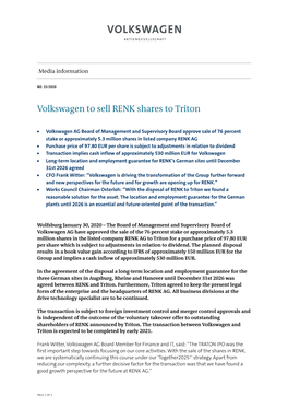 Volkswagen to Sell RENK Shares to Triton