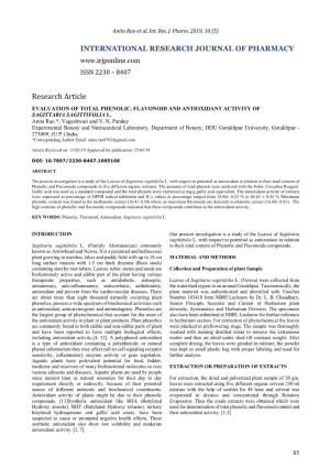 Evaluation of Total Phenolic, Flavonoid and Antioxidant Activity of Sagittaria Sagittifolia L