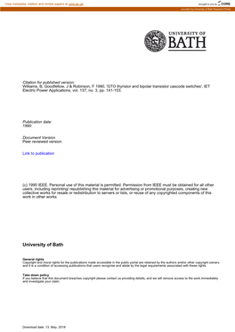 GTO Thyristor and Bipolar Transistor Cascode Switches', IET Electric Power Applications, Vol