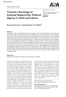 Toward a Sociology of Colonial Subjectivity: Political Agency In