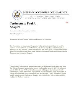 Testimony :: Paul A. Shapiro