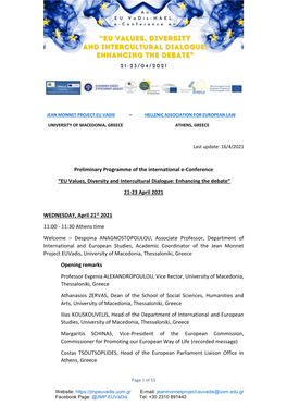Preliminary Programme of the International E-Conference “EU Values, Diversity and Intercultural Dialogue: Enhancing the Debate” 21-23 April 2021