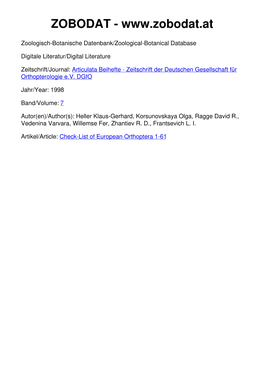 Check-List of European Orthoptera Heller, K
