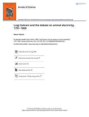 Luigi Galvani and the Debate on Animal Electricity, 1791–1800
