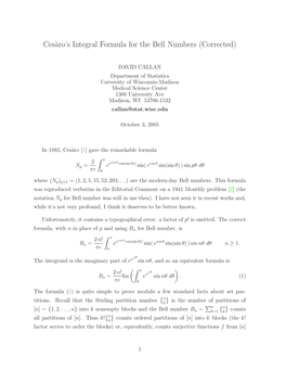 Ces`Aro's Integral Formula for the Bell Numbers (Corrected)