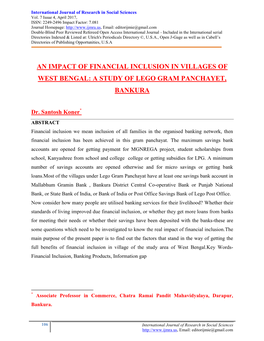 An Impact of Financial Inclusion in Villages of West Bengal: a Study of Lego Gram Panchayet, Bankura