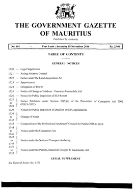 THE GOVERNMENT GAZETTE of MAURITIUS Published by Authority