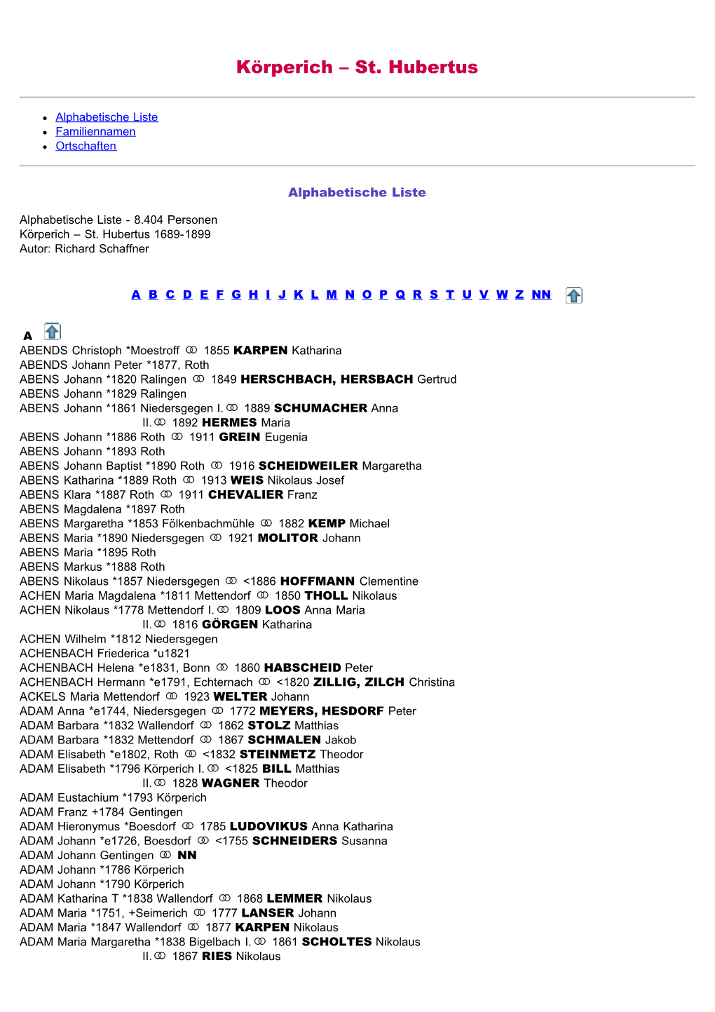 ABC-Listen Zum Fmilienbuch Rk. Körperich St.- Hubertus