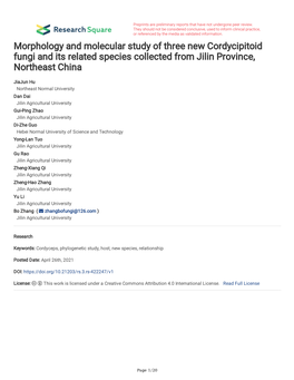 Morphology and Molecular Study of Three New Cordycipitoid Fungi and Its Related Species Collected from Jilin Province, Northeast China