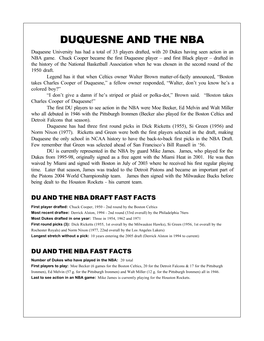 DUQUESNE and the NBA Duquesne University Has Had a Total of 33 Players Drafted, with 20 Dukes Having Seen Action in an NBA Game