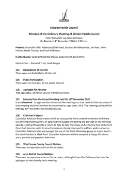 Minutes of the Ordinary Meeting of Slindon Parish Council Held ‘Remotely’ Via Zoom Software on Monday 14Th December 2020 at 7.00 P.M