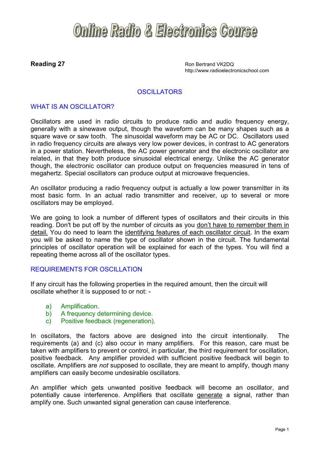 Reading 27 OSCILLATORS WHAT IS AN