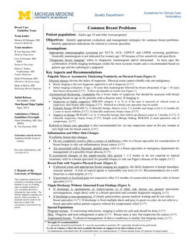 Common Breast Problems Guideline Team Team Leader Patient Population: Adults Age 18 and Older (Non-Pregnant)