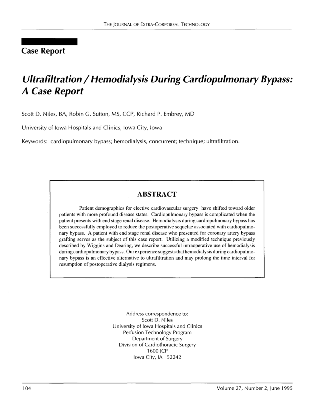 Ultrafiltration I Hemodialysis During Cardiopulmonary Bypass: a Case Report