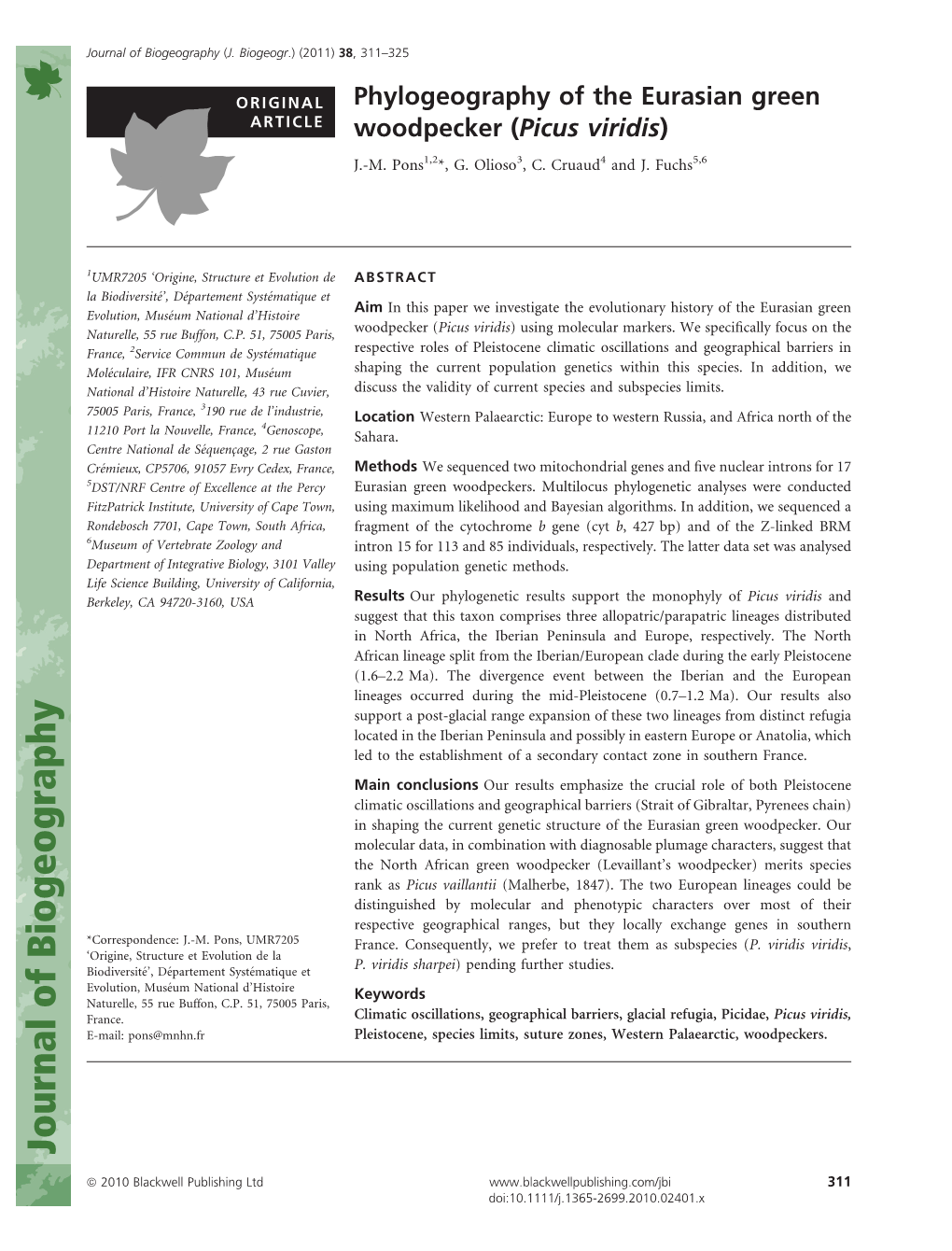 Phylogeography of the Eurasian Green Woodpecker (Picus Viridis)