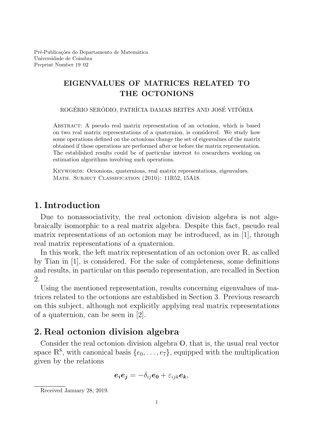 1. Introduction 2. Real Octonion Division Algebra