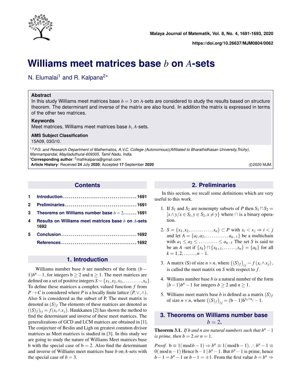 Williams Meet Matrices Base B on A-Sets