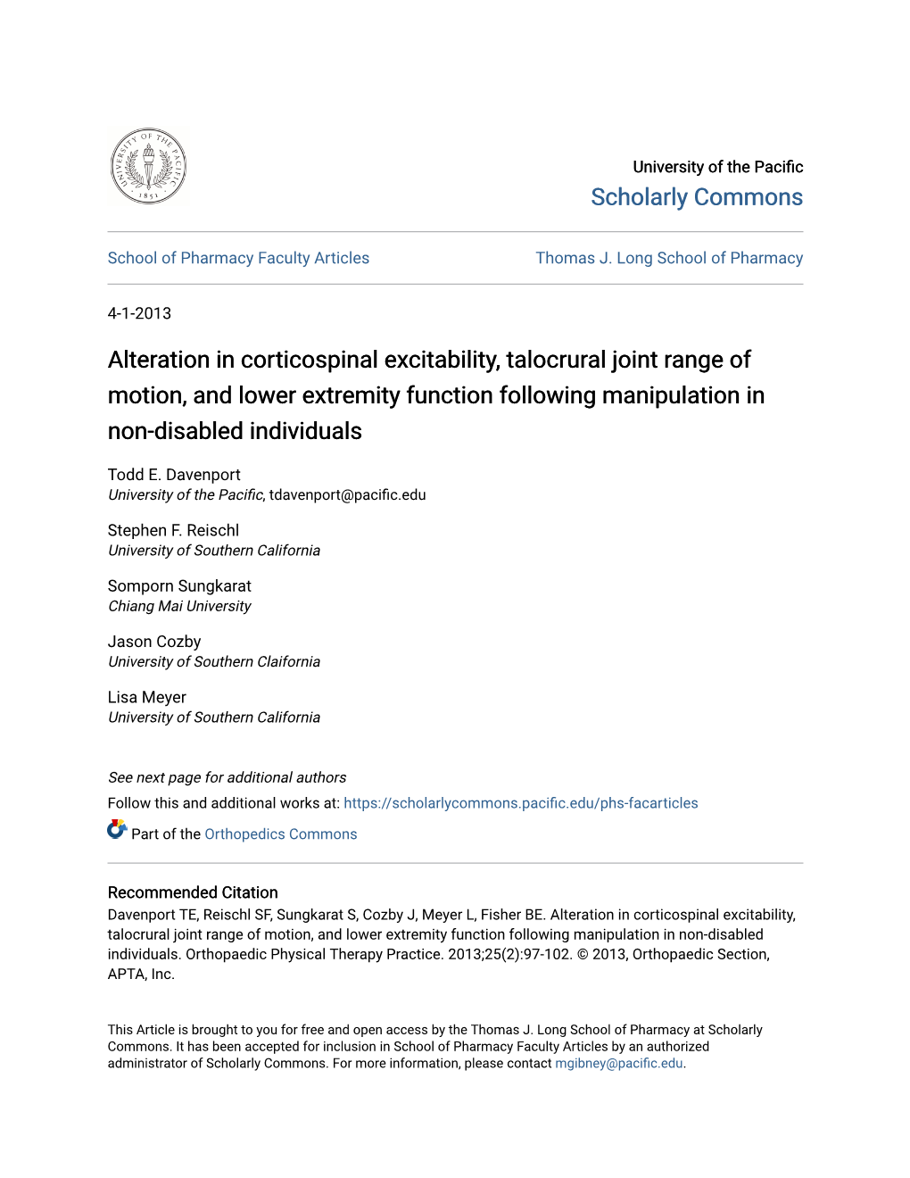 Alteration in Corticospinal Excitability, Talocrural Joint Range of Motion, and Lower Extremity Function Following Manipulation in Non-Disabled Individuals