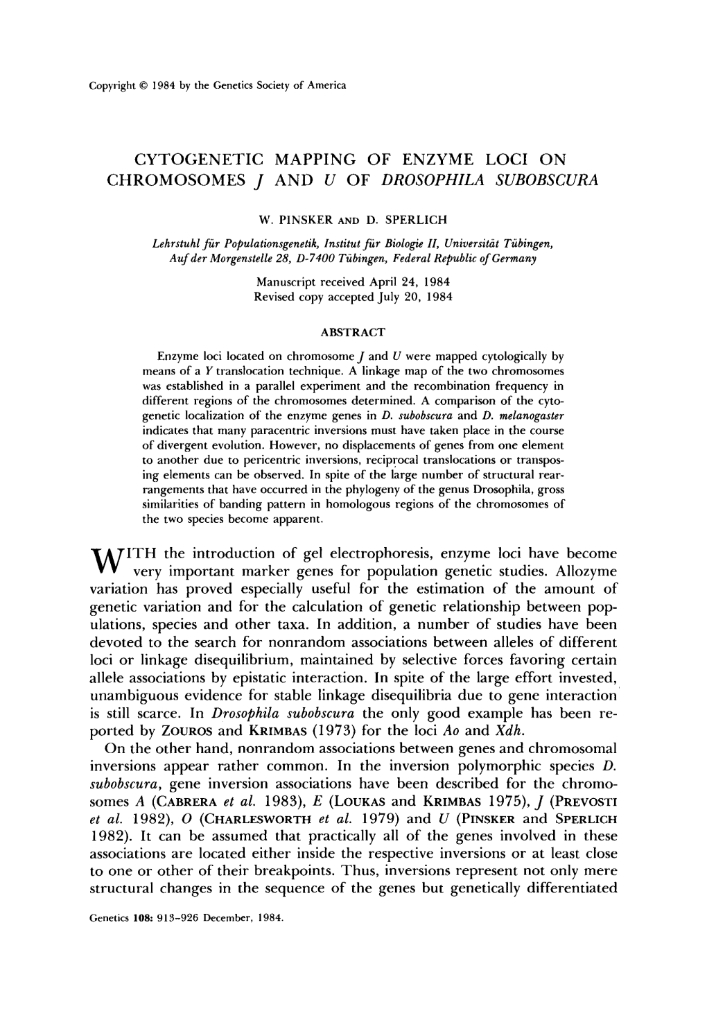 Cytogenetic Mapping of Enzyme Loci on Chromosomes J and U of Drosophila Subobscura