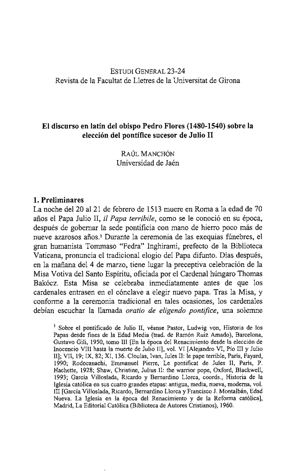 El Discurso En Latín Del Obispo Pedro Flores (1480-1540) Sobre La