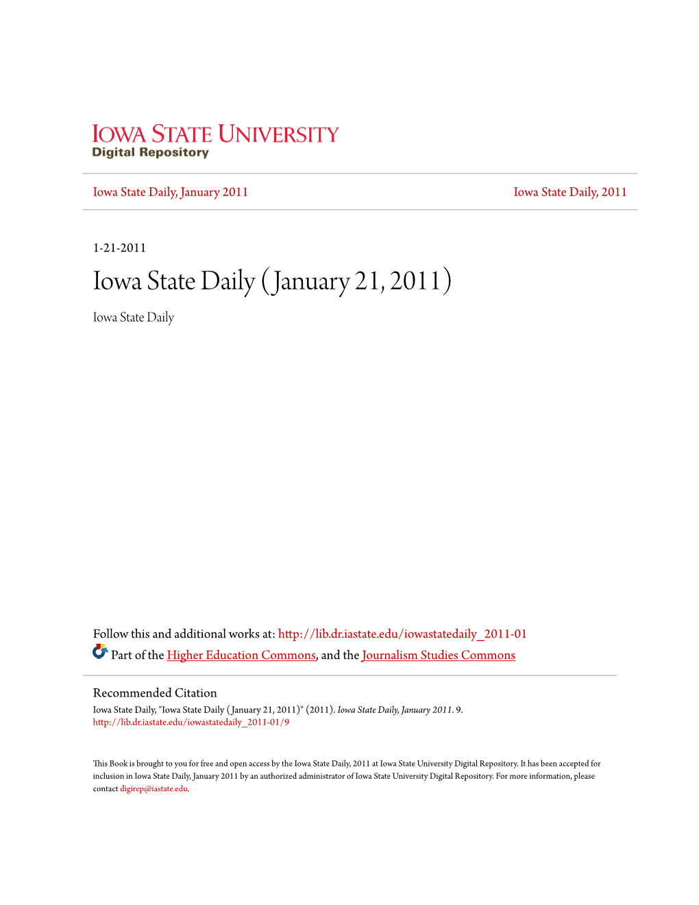 Iowa State Daily (January 21, 2011) Iowa State Daily