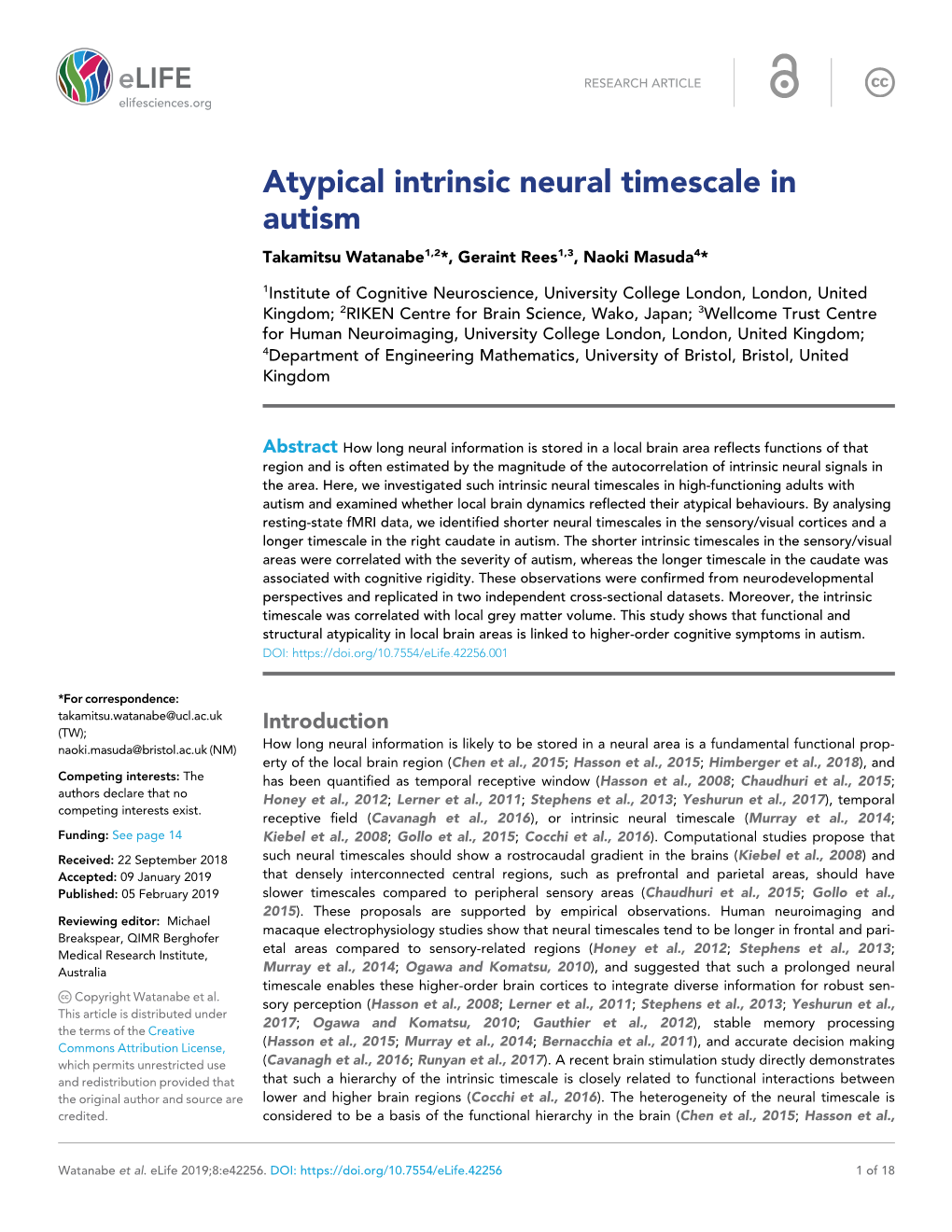 Atypical Intrinsic Neural Timescale in Autism Takamitsu Watanabe1,2*, Geraint Rees1,3, Naoki Masuda4*