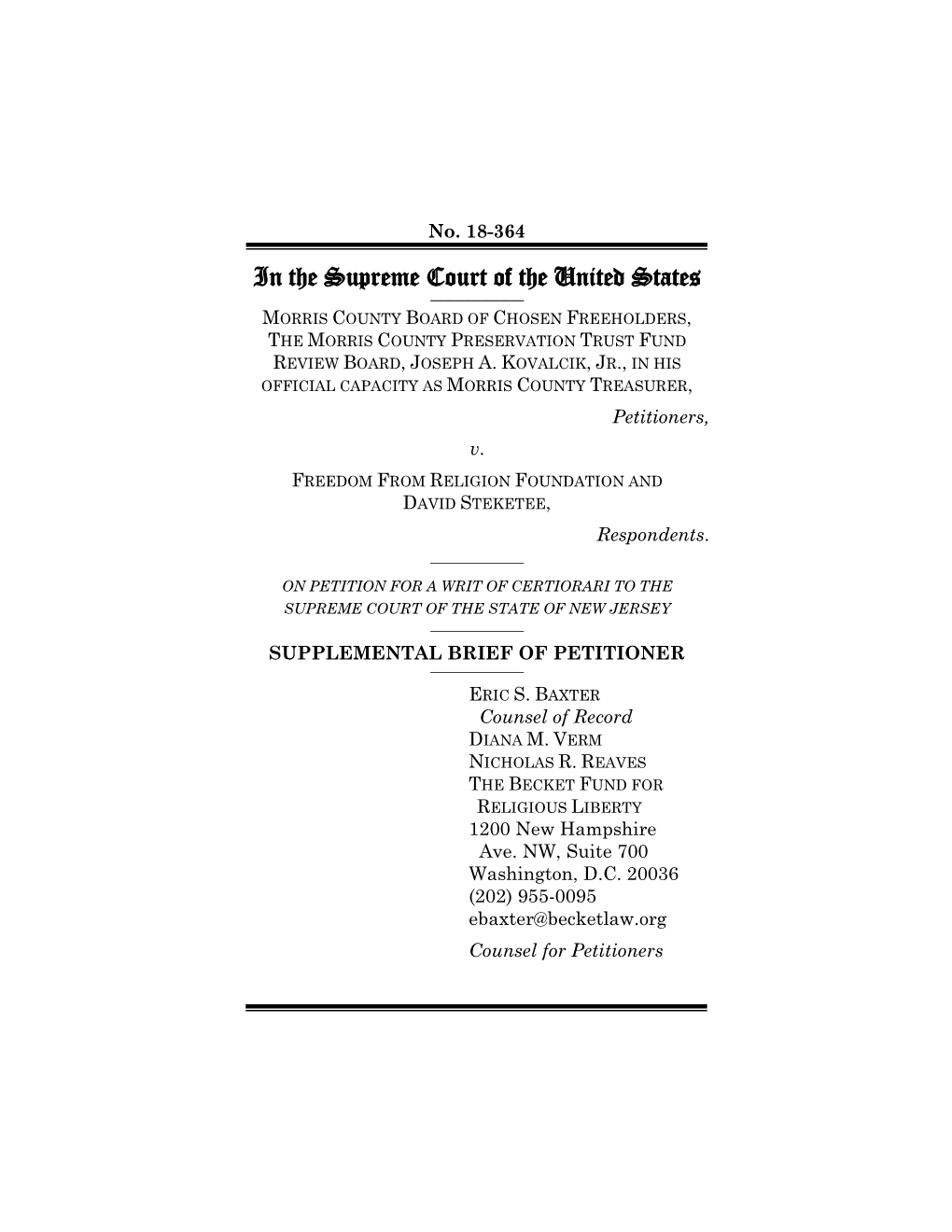 In the Supreme Court of the United States ______MORRIS COUNTY BOARD of CHOSEN FREEHOLDERS, the MORRIS COUNTY PRESERVATION TRUST FUND REVIEW BOARD, JOSEPH A