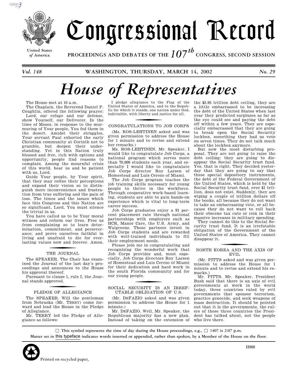 Congressional Record United States Th of America PROCEEDINGS and DEBATES of the 107 CONGRESS, SECOND SESSION