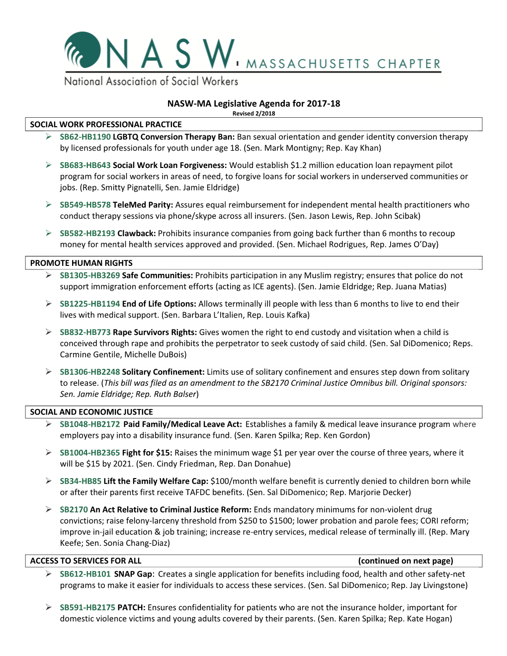 NASW-MA Legislative Agenda for 2017-18