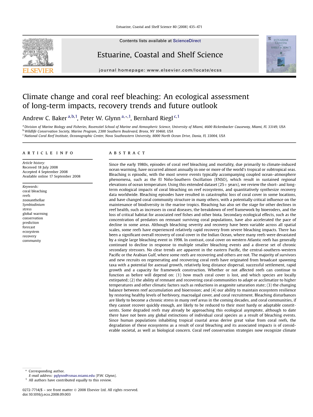 Climate Change and Coral Reef Bleaching: an Ecological Assessment of Long-Term Impacts, Recovery Trends and Future Outlook