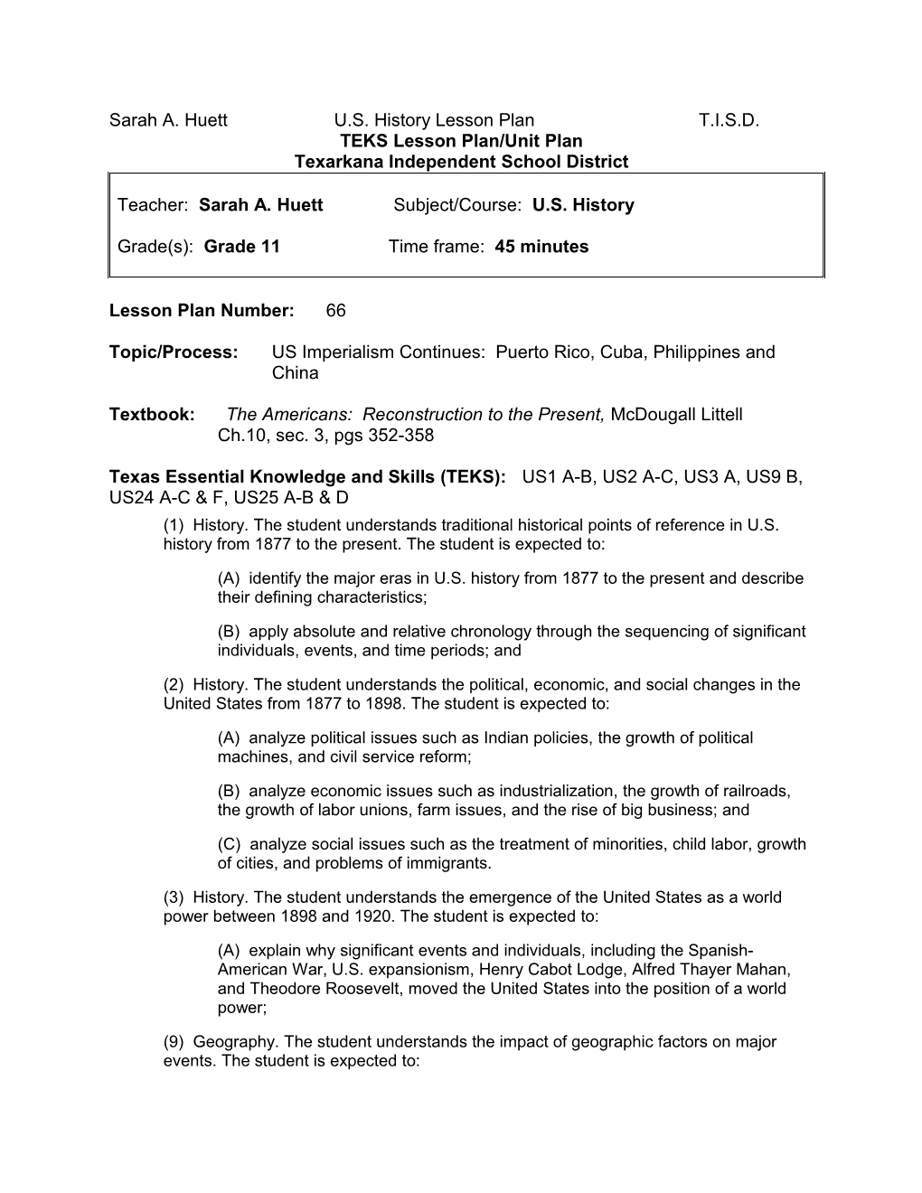 TEKS Lesson Plan/Unit Plan s11