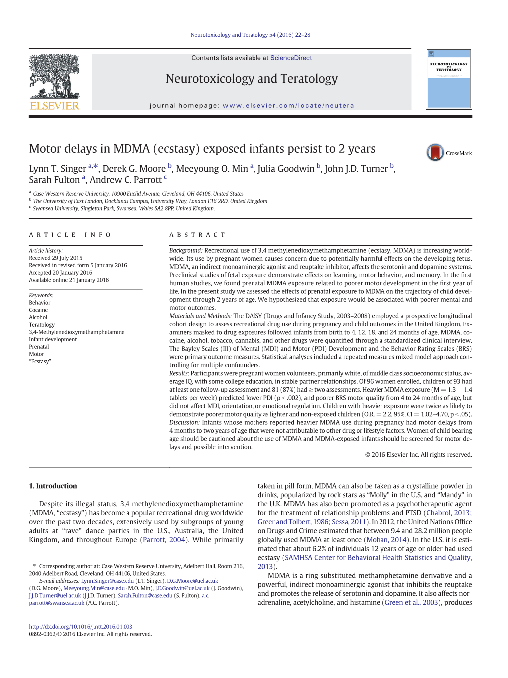 Motor Delays in MDMA (Ecstasy) Exposed Infants Persist to 2 Years