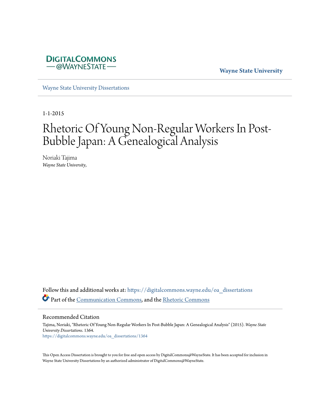 Rhetoric of Young Non-Regular Workers in Post-Bubble Japan: a Genealogical Analysis