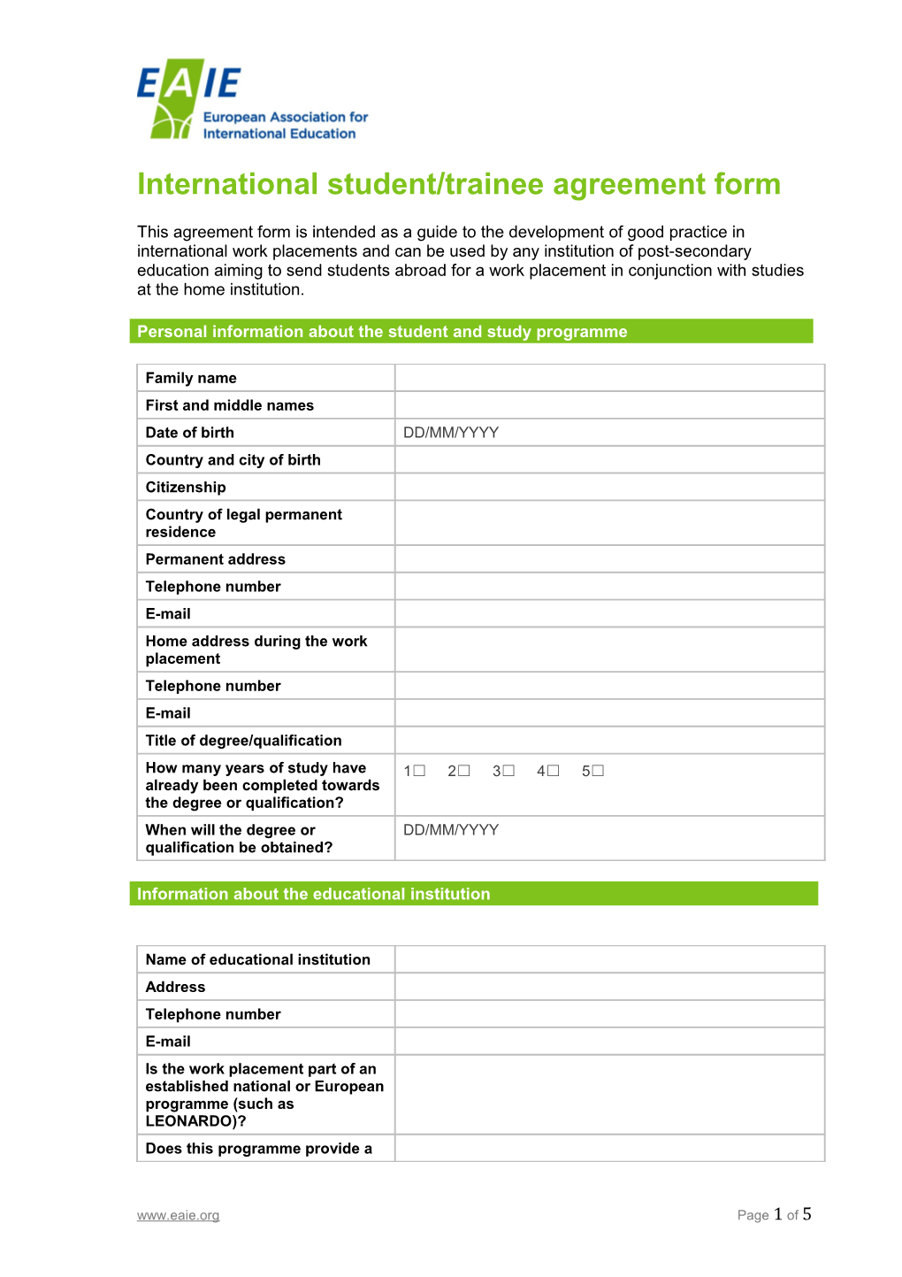 International Student/Trainee Agreement Form