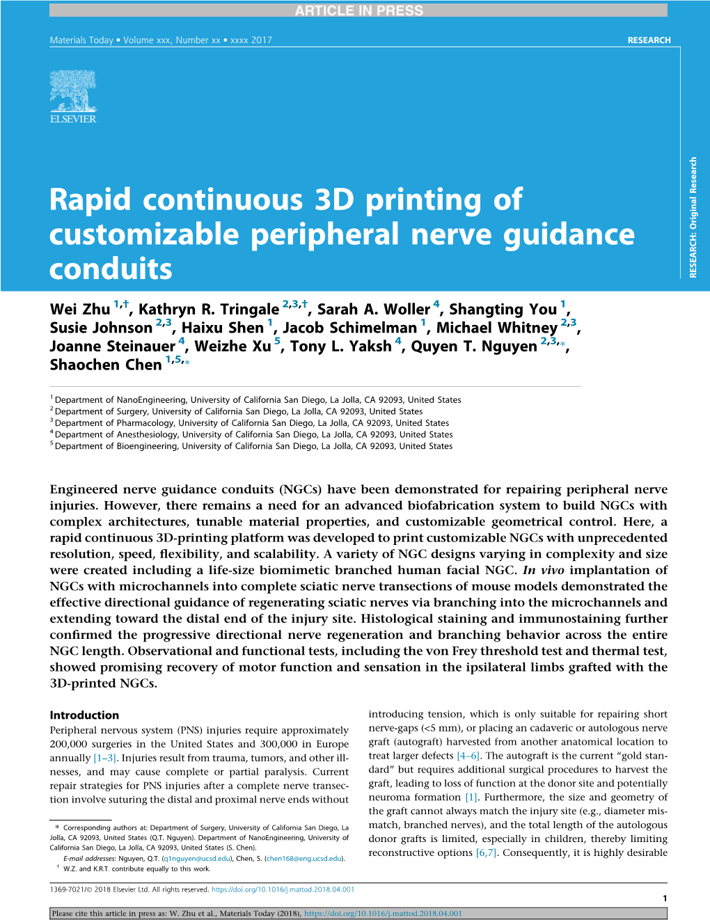 Rapid Continuous 3D Printing of Customizable Peripheral Nerve Guidance