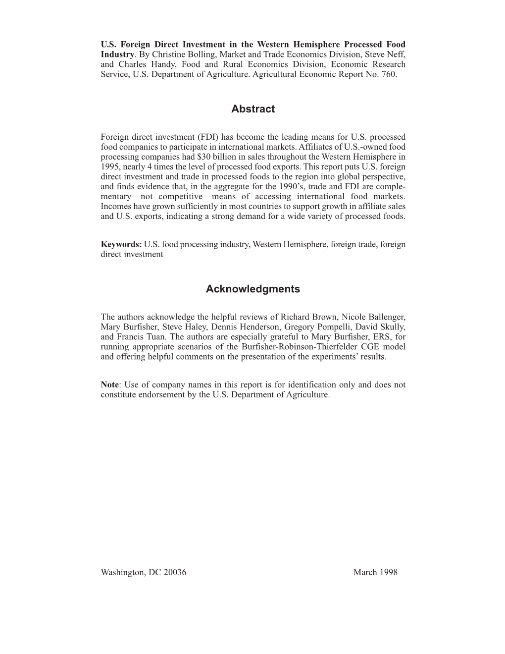 U.S. Foreign Direct Investment in the Western Hemisphere Processed Food Industry